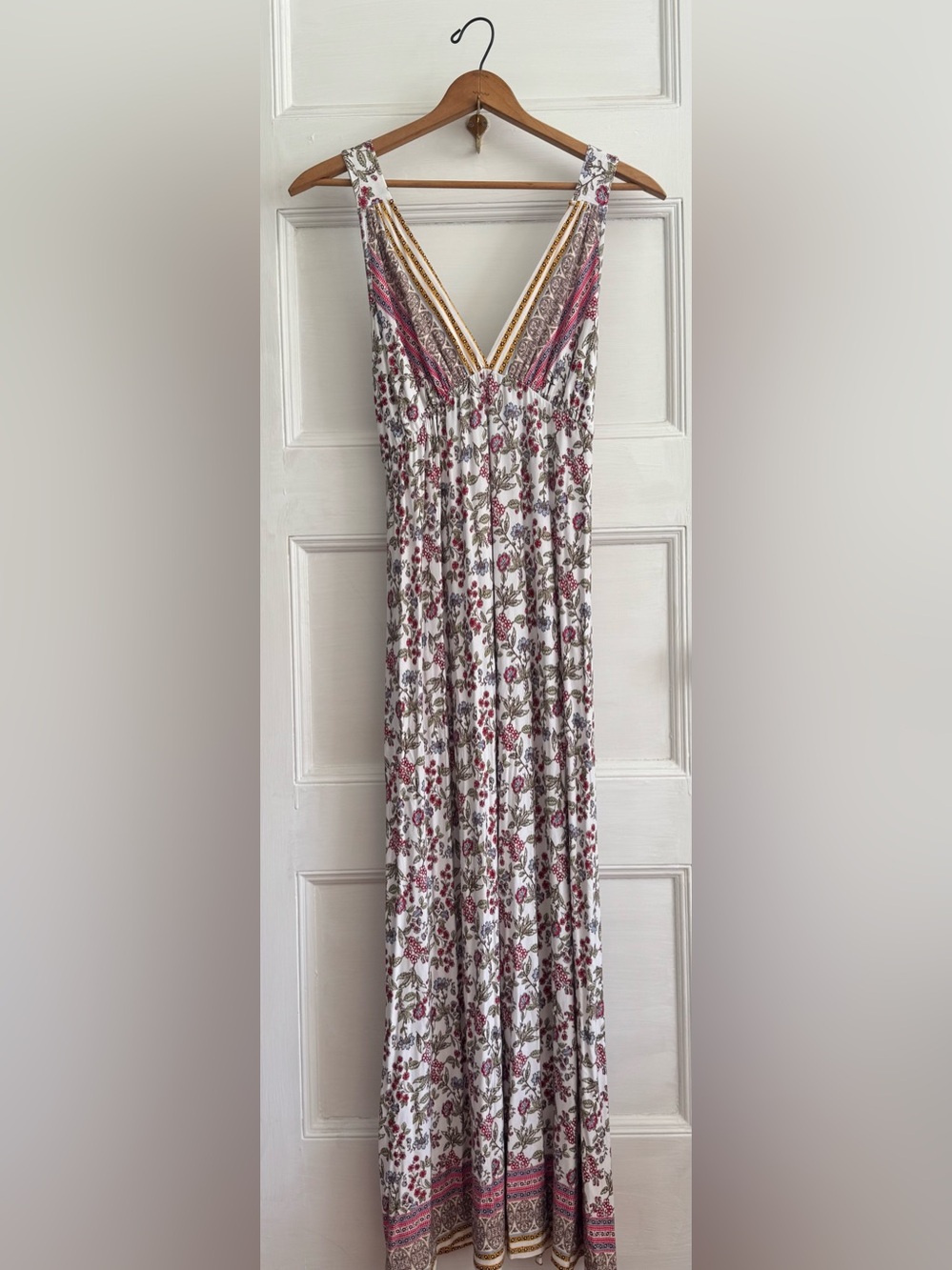 Loveappella White Maxi Dress with Pink Floral Print and Yellow Trim - Picture 2 of 7